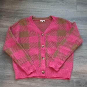 Maurices Pink and Brown Cardigan Sweater with Argyle Pattern. Size Small
